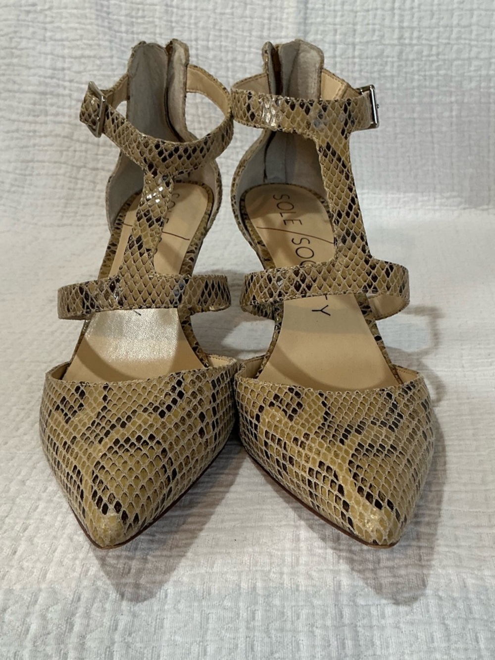 ๐ค Sole Society Evelyn Leather 3โ Heels Pumps Snakeskin Pattern Strappy - 9 1/2 - Picture 2 of 5
